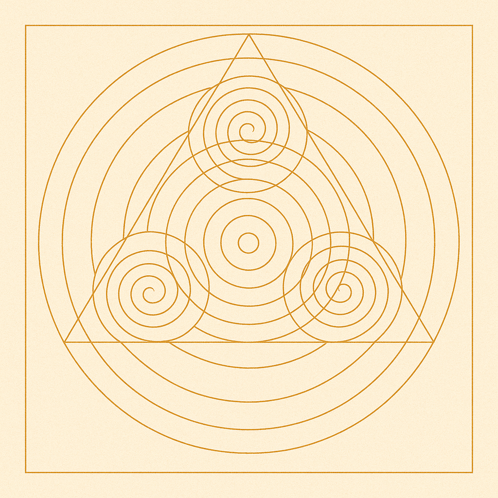 Minimalist sacred geometry with spirals, circles, and triangle, symbolizing infinite game logic and harmonic resonance.