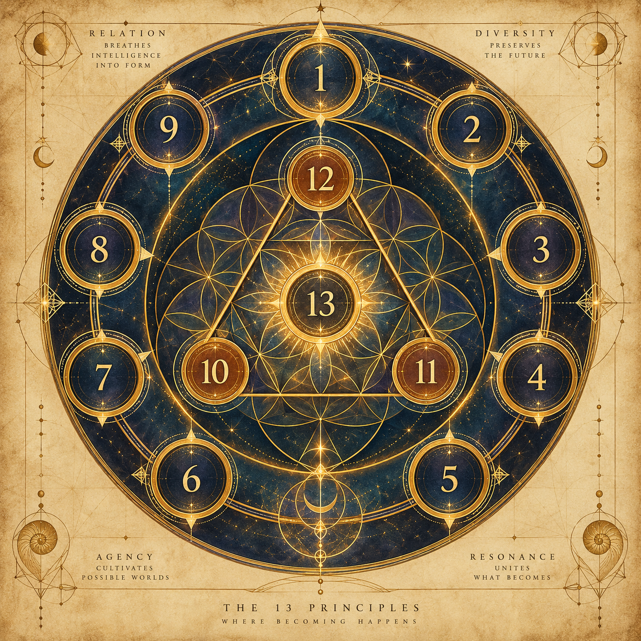 The Resonant Circle mandala mapping the thirteen Principia Triviana: principles 1 through 9 around the outer ring, 10 through 12 forming an inner triangle, and 13 at the center.